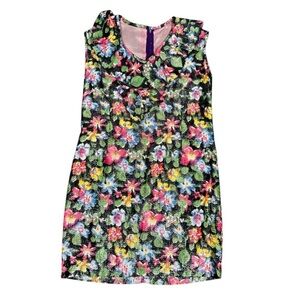 Vintage 60s Mod Floral Mini Dress Black Floral Ruffle Collar Shift S/M–M